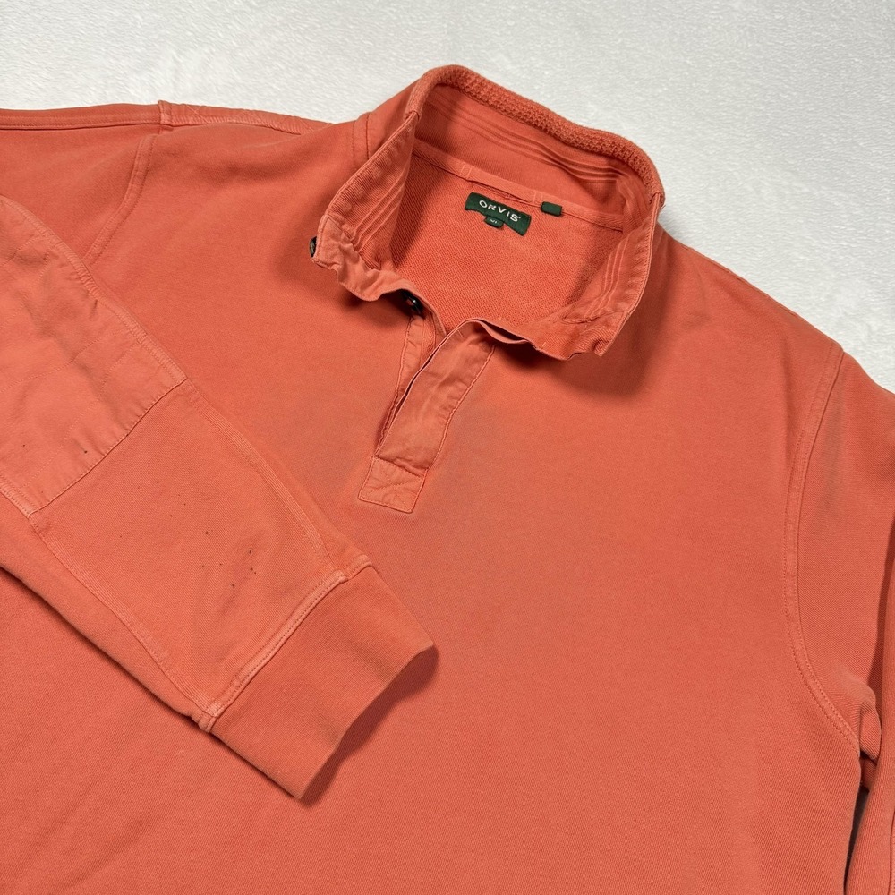 Orvis Pullover Sweatshirt Mens Extra Large Orange Button Pockets Elbow Patches